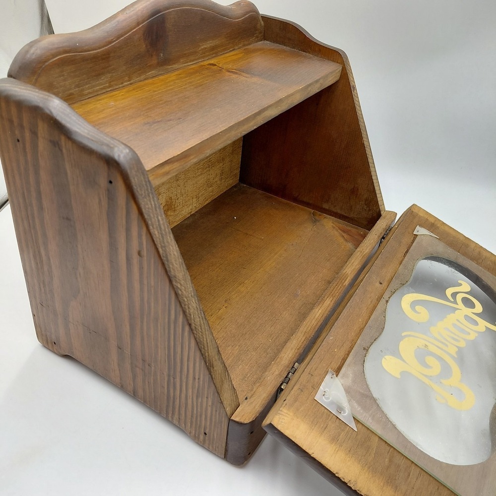 Vtg Wood Bread Box Stencil Design Glass Face Farmhouse Breadbox Cottagecore - Picture 3 of 9